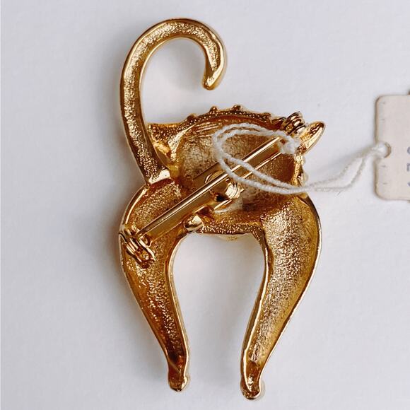Unusual VTG Mid Century Cat Brooch Gold Tone Green Eyes Figural Whimsical Pin - Picture 8 of 11